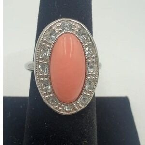 Avon Pale Fire Ring Vintage Silver Tone Peach Cabochon Rhinestone Halo Size 7.25